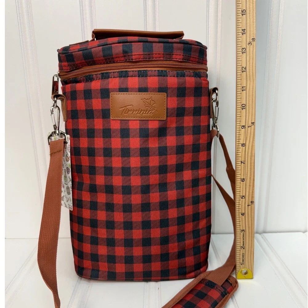 Tirrinia Wine Carrier Bag Unisex OS Red Black Buffalo Plaid Insulated 2 Bottle